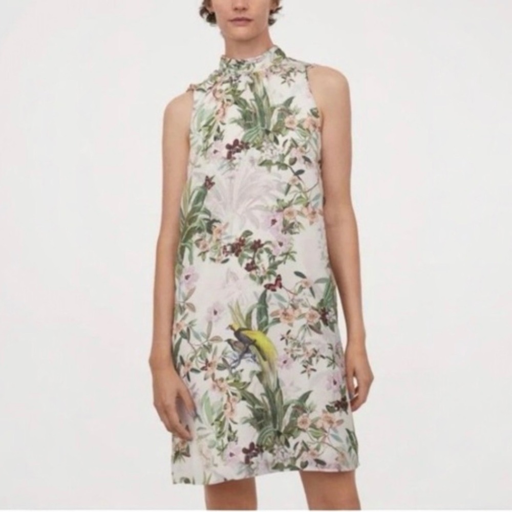 H&M satin floral and bird print Sleeveless tie-back shift dress Easter Spring